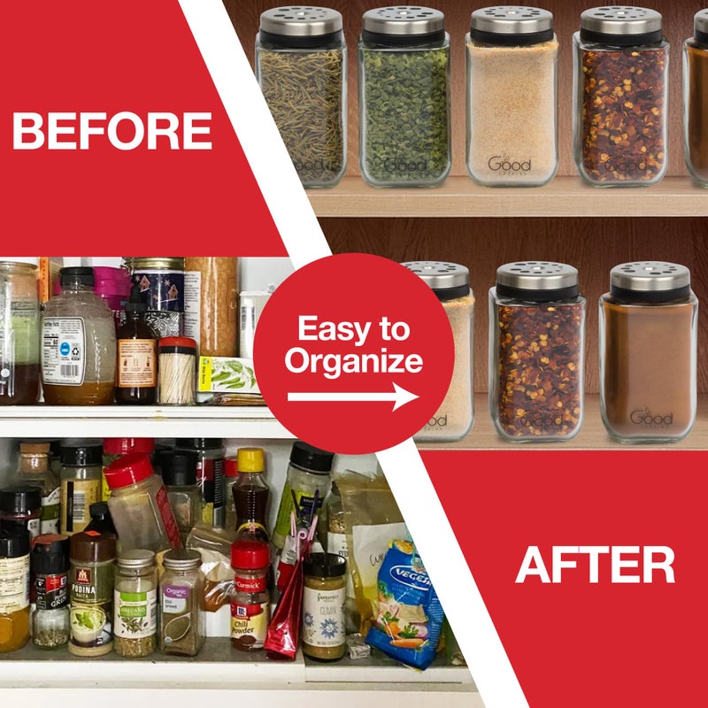 Good Cooking Adjustable Glass Spice Jars (Set of 6) with 6 Pouring Sizes- Stainless Steel Lid/Cap- Square Seasoning Bottle Containers for Minimalist Kitchen Pantry Storage Organization- Fill Shaker w Salt Pepper - Image 2